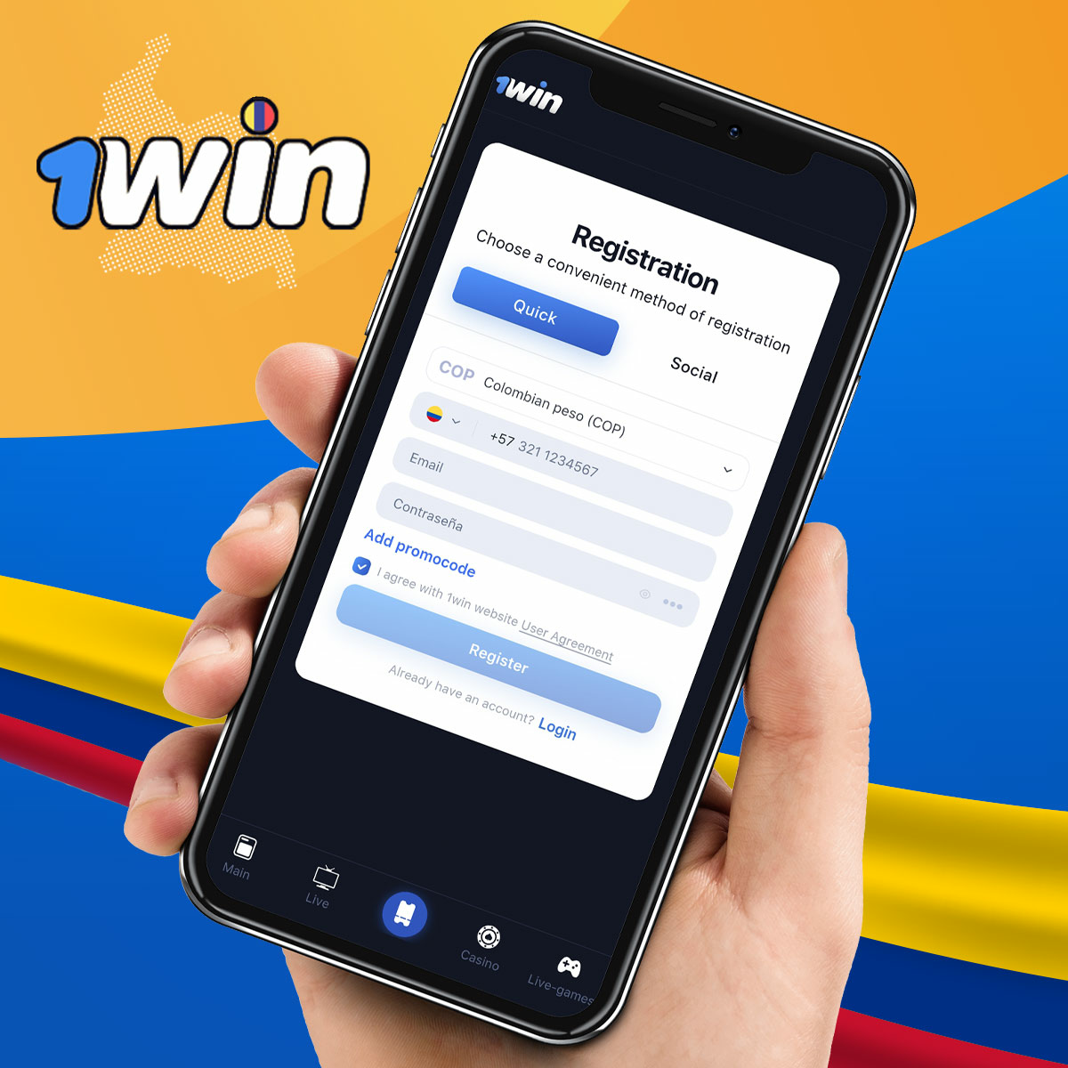 Instrucciones para registrarse en la aplicación móvil 1win en Colombia
