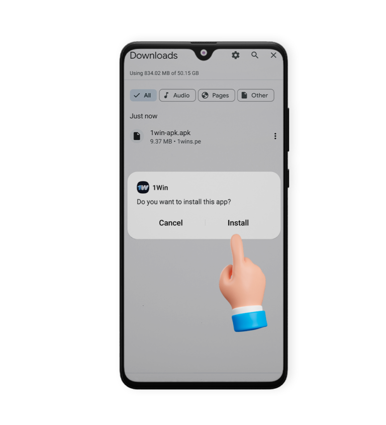 Vaya a descargas del teléfono e instale la aplicación 1win en su dispositivo Android, paso 3