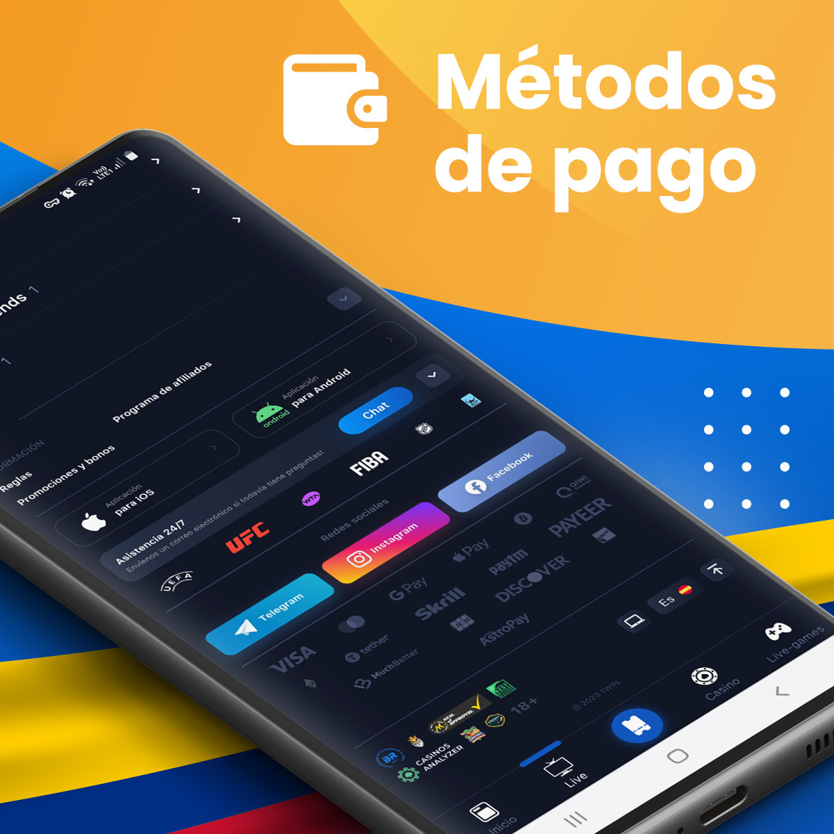 Todos los métodos de pago en la aplicación móvil 1win Colombia