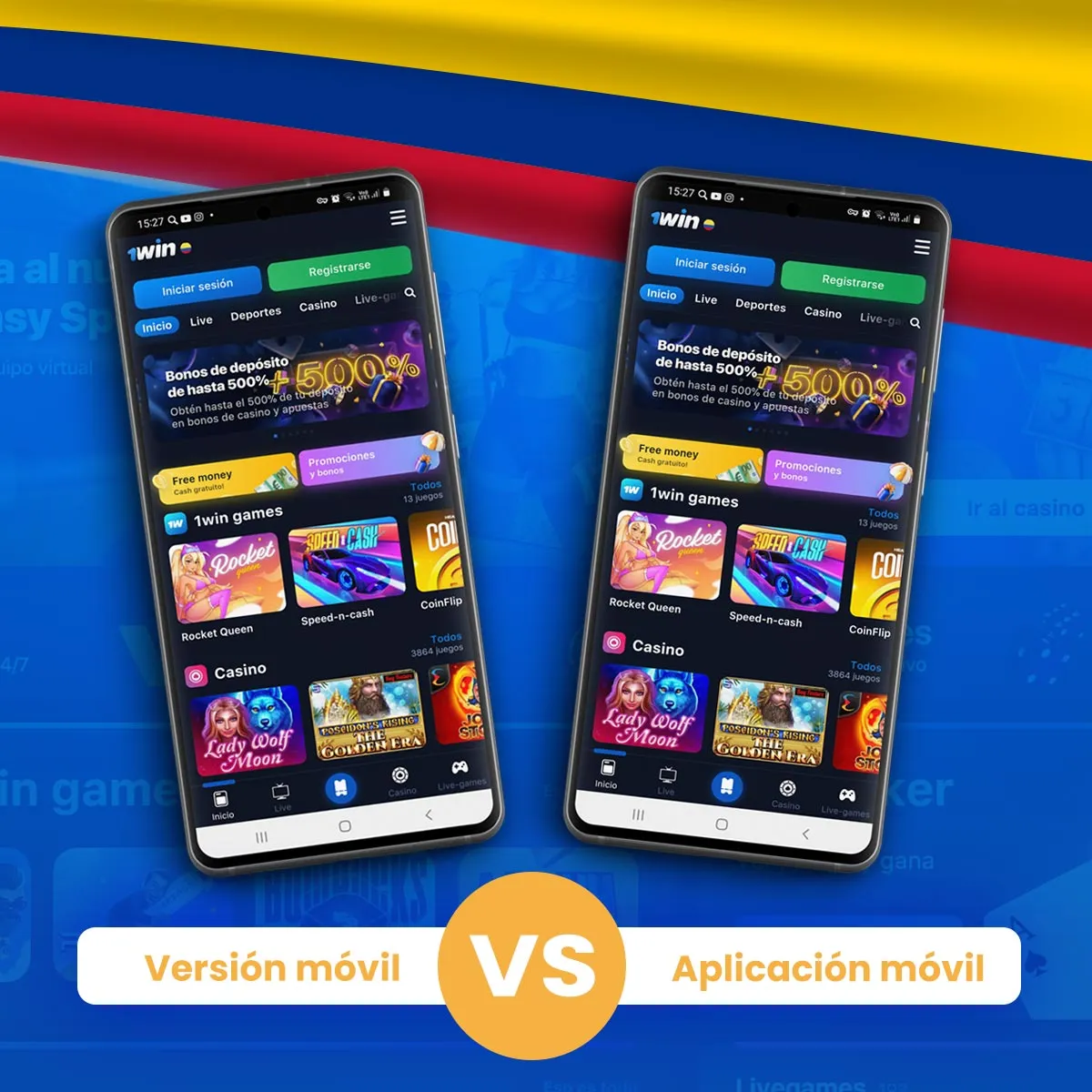 Comparación entre la versión móvil de la página web de 1win y la aplicación móvil de 1win